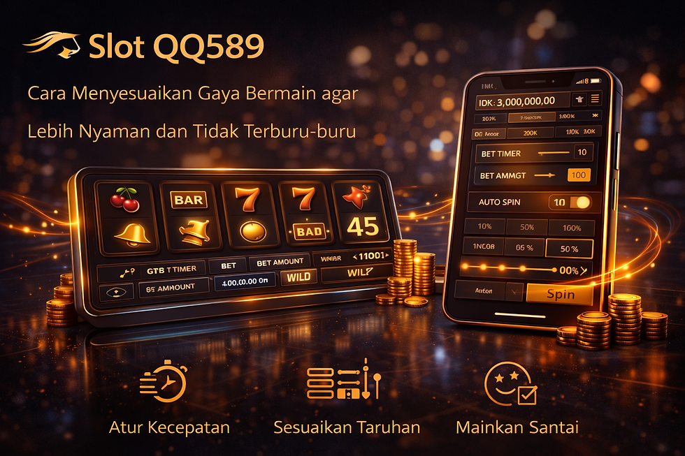 Slot QQ589 menampilkan permainan slot digital dengan layar smartphone, chip, dan tombol spin.