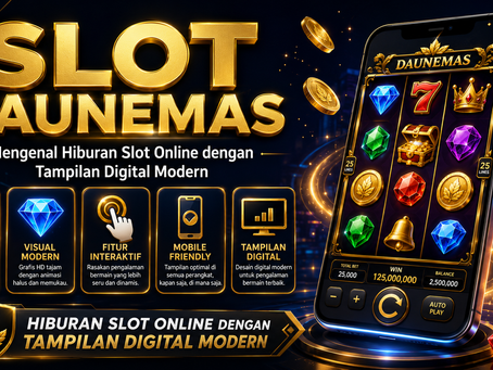 Slot DAUNEMAS menampilkan hiburan slot online dengan tampilan digital modern, gulungan simbol, fitur interaktif, teknologi RNG, aksen hitam emas, dan desain mobile friendly