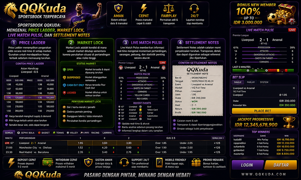 Sportsbook QQKuda menampilkan price ladder, market lock, live match pulse, settlement notes, statistik bola, dan dashboard sepak bola mobile friendly