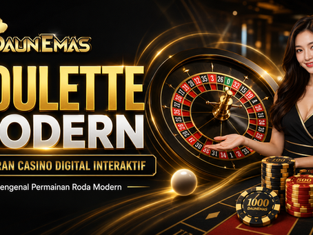 Roulette Modern DAUNEMAS dengan roda roulette, bola kecil, chip casino, dealer live, dan desain hiburan casino digital premium