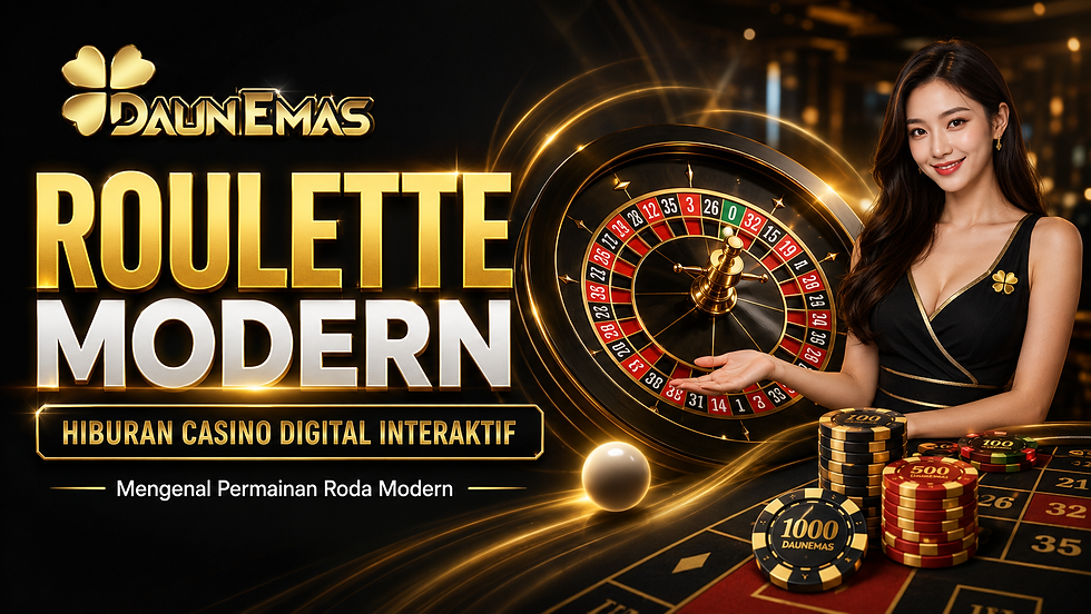 Roulette Modern DAUNEMAS dengan roda roulette, bola kecil, chip casino, dealer live, dan desain hiburan casino digital premium