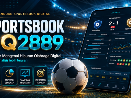 Sportsbook QQ2889 menampilkan dashboard olahraga digital dengan live score, statistik pertandingan, grafik analisis terarah, elemen angka futuristik, dan tampilan mobile friendly