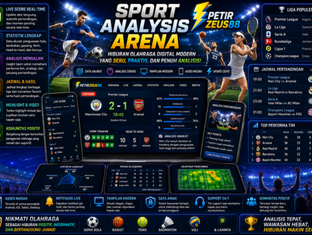 Sportsbook PetirZeus88 menampilkan dashboard olahraga digital dengan live score, statistik pertandingan, grafik analisis data, dan efek petir modern