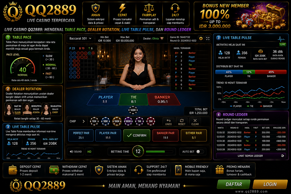 Live Casino QQ2889 menampilkan table pace, dealer rotation, live table pulse, round ledger, dealer real-time, dan tampilan mobile