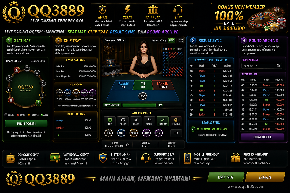 Live Casino QQ3889 menampilkan seat map, chip tray, result sync, round archive, dealer real-time, dan tampilan mobile