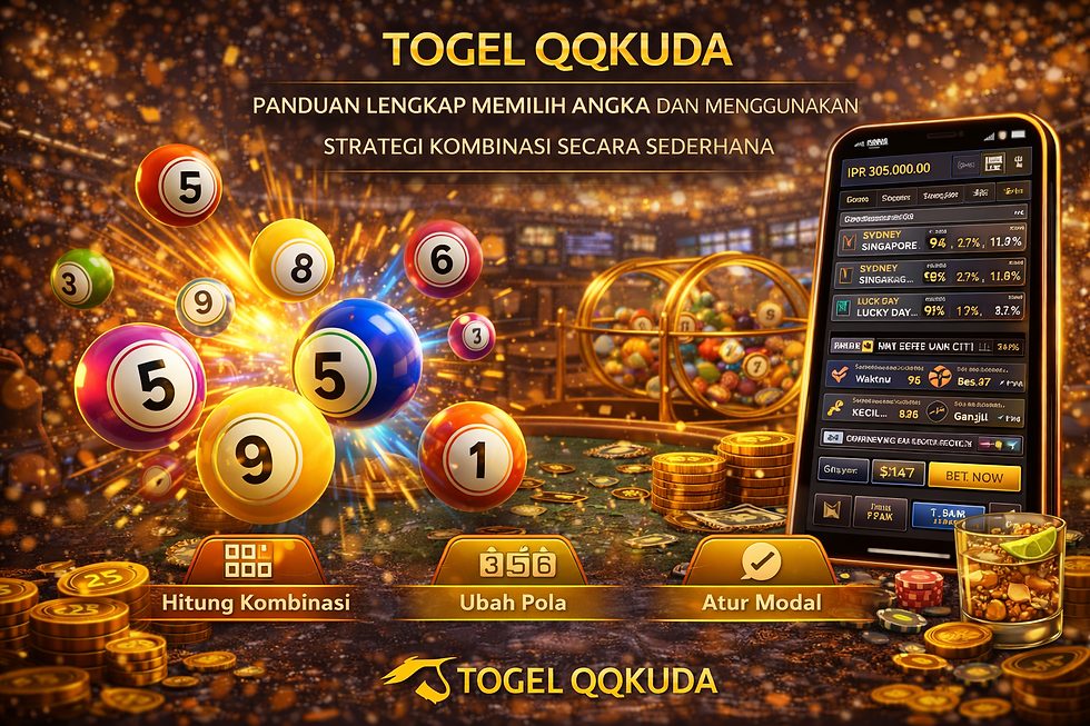 Ilustrasi Togel QQKUDA menampilkan bola angka, smartphone menampilkan tampilan lottery digital, chip, koin, dan efek cahaya kasino.