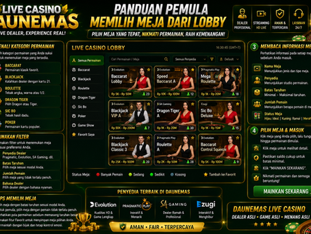 Ilustrasi lobby Live Casino Daunemas yang menampilkan pilihan meja, dealer langsung, jumlah pemain, batas meja, dan status permainan.