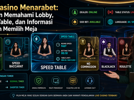 Tampilan lobby live casino dengan beberapa pilihan meja, label Speed Table, informasi dealer, status meja, dan detail permainan sebelum pemain masuk.
