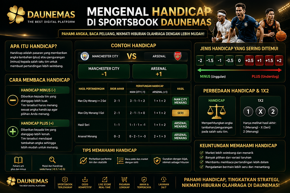 Mengenal handicap di Sportsbook DAUNEMAS dengan contoh plus minus, pasaran sepak bola, perbedaan 1X2, dan desain olahraga digital premium