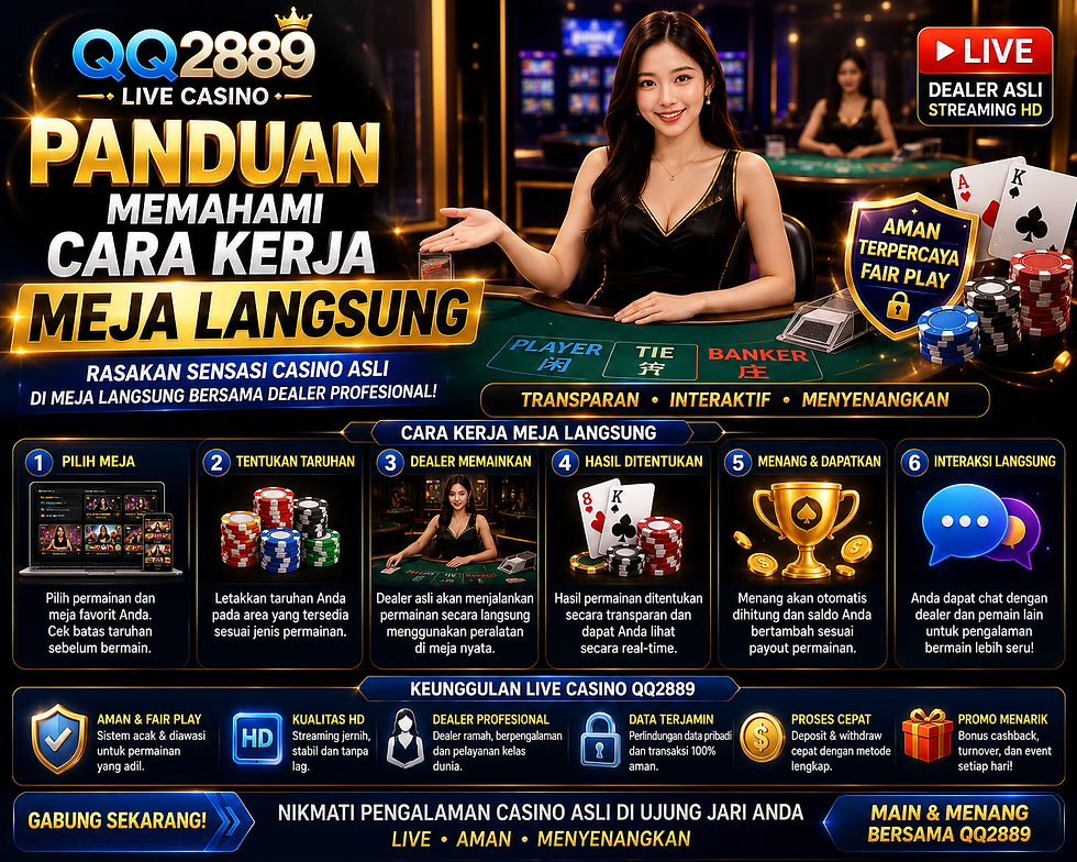 Ilustrasi meja Live Casino QQ2889 dengan dealer langsung, panel permainan, batas waktu, dan informasi hasil sesi digital.