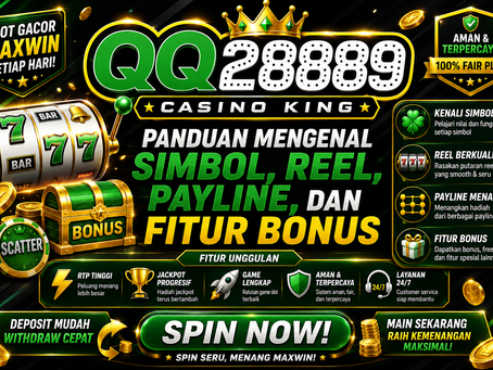 Slot QQ2889 menampilkan simbol slot, reel digital, payline, fitur bonus, teknologi RNG, elemen angka futuristik, aksen biru emas, dan tampilan mobile friendly