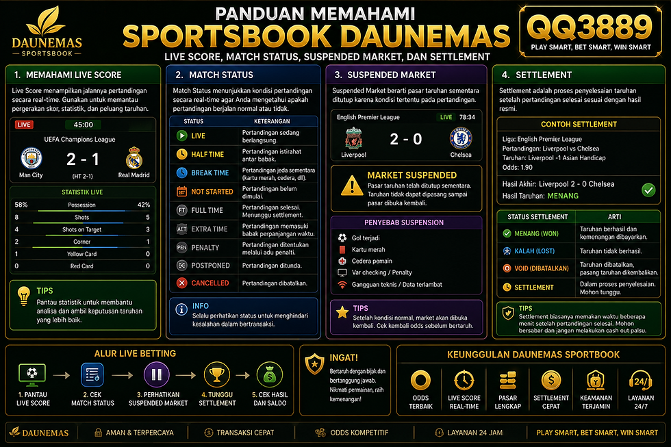 Dashboard Sportsbook DAUNEMAS dengan live score pertandingan, indikator match status, market suspended, dan panel settlement.