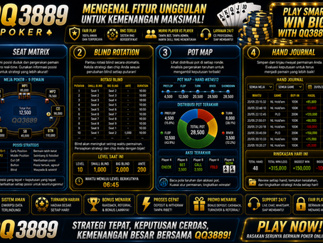 Poker QQ3889 menampilkan seat matrix, blind rotation, pot map, hand journal, struktur meja poker, dan antarmuka mobile