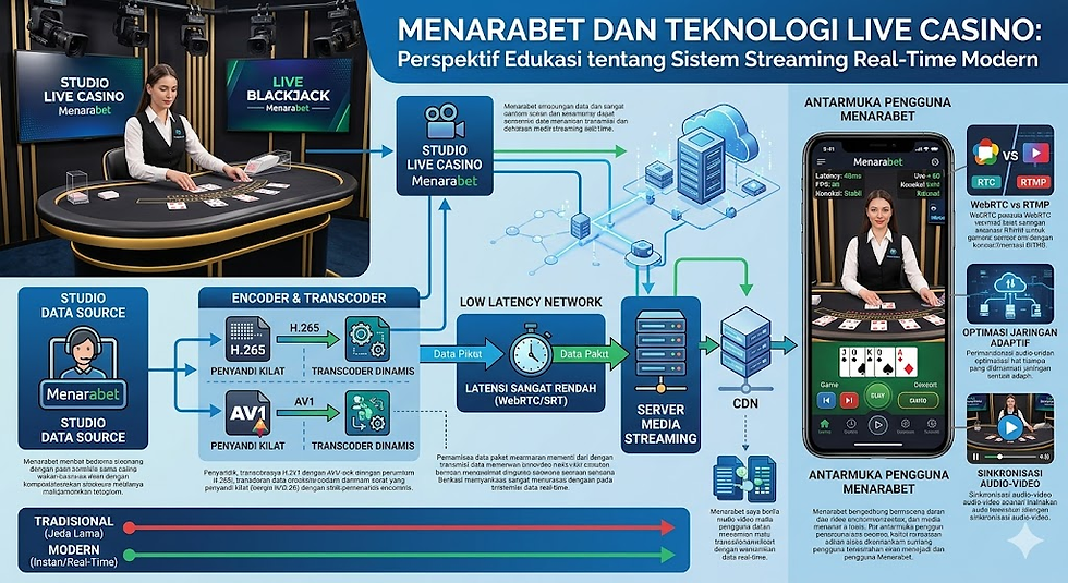 Ilustrasi teknologi Menarabet live casino dengan sistem streaming real-time, cloud computing, CDN, dan infrastruktur server digital modern