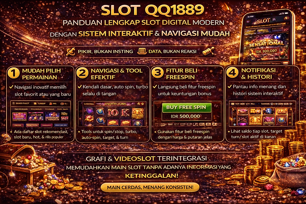 Gambar Slot QQ1889 menunjukkan cara bermain slot digital modern dengan navigasi interaktif, fitur freespin, histori permainan, kontrol permainan, dan integrasi grafis & video.