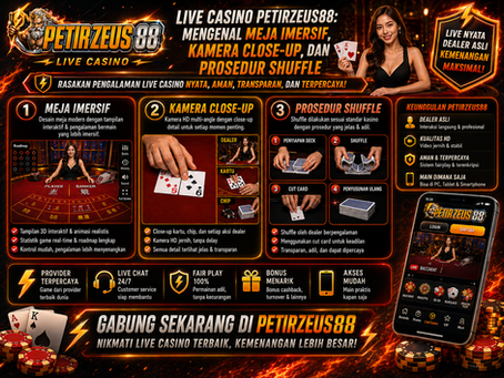 Live Casino PetirZeus88 menampilkan meja imersif, kamera close-up, prosedur shuffle, dealer real-time, panel riwayat, dan tampilan mobile