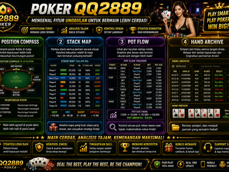 Poker QQ2889 menampilkan position compass, stack map, pot flow, hand archive, struktur meja poker, dan antarmuka mobile