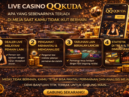 Gambar Live Casino QQKUDA menampilkan dealer live, pengamat memantau, taruhan lain berjalan lancar, dan statistik tren saat pemain tidak ikut bermain.