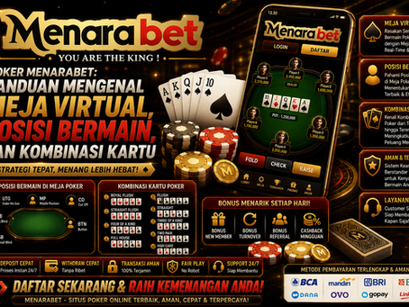 Poker Menarabet menampilkan meja virtual, posisi bermain, kombinasi kartu poker, dealer button, kartu digital, panel informasi, aksen biru emas, dan tampilan mobile friendly