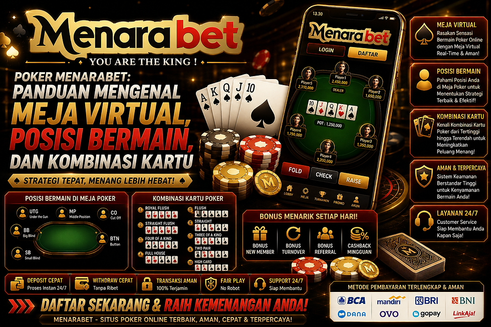 Poker Menarabet menampilkan meja virtual, posisi bermain, kombinasi kartu poker, dealer button, kartu digital, panel informasi, aksen biru emas, dan tampilan mobile friendly