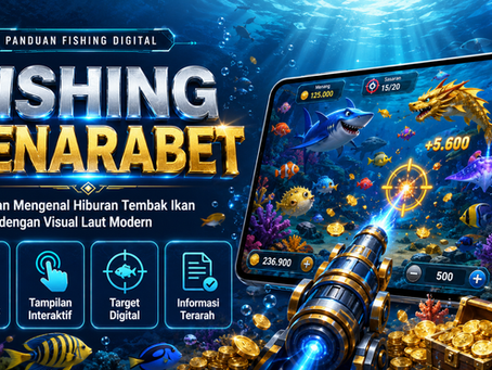 Fishing Menarabet menampilkan hiburan tembak ikan digital dengan visual laut modern, ikan bergerak, efek cahaya bawah laut, aksen biru emas, dan tampilan mobile friendly