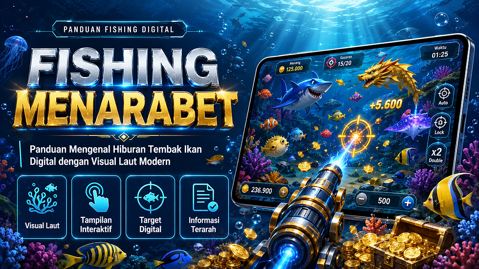 Fishing Menarabet menampilkan hiburan tembak ikan digital dengan visual laut modern, ikan bergerak, efek cahaya bawah laut, aksen biru emas, dan tampilan mobile friendly