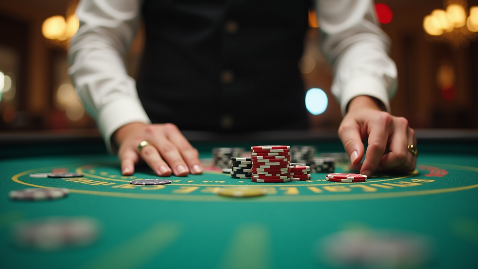 Eye-level view meja permainan live casino dengan dealer profesional