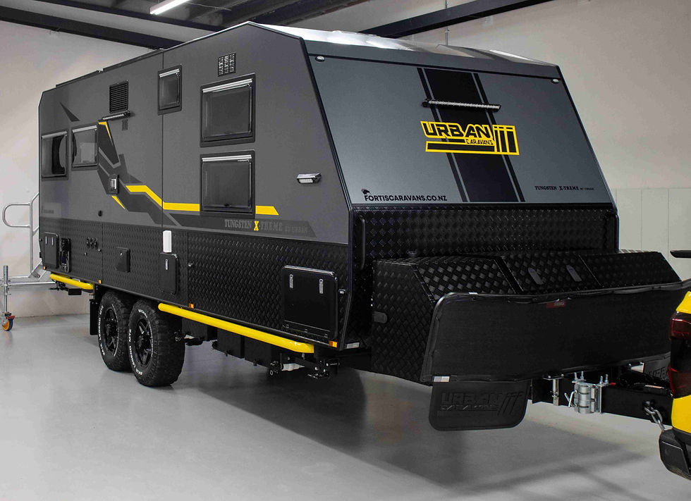 Matte grey and black Urban Tungsten Xtreme caravan in the detailing workshop of The Detailing Specialists NZ