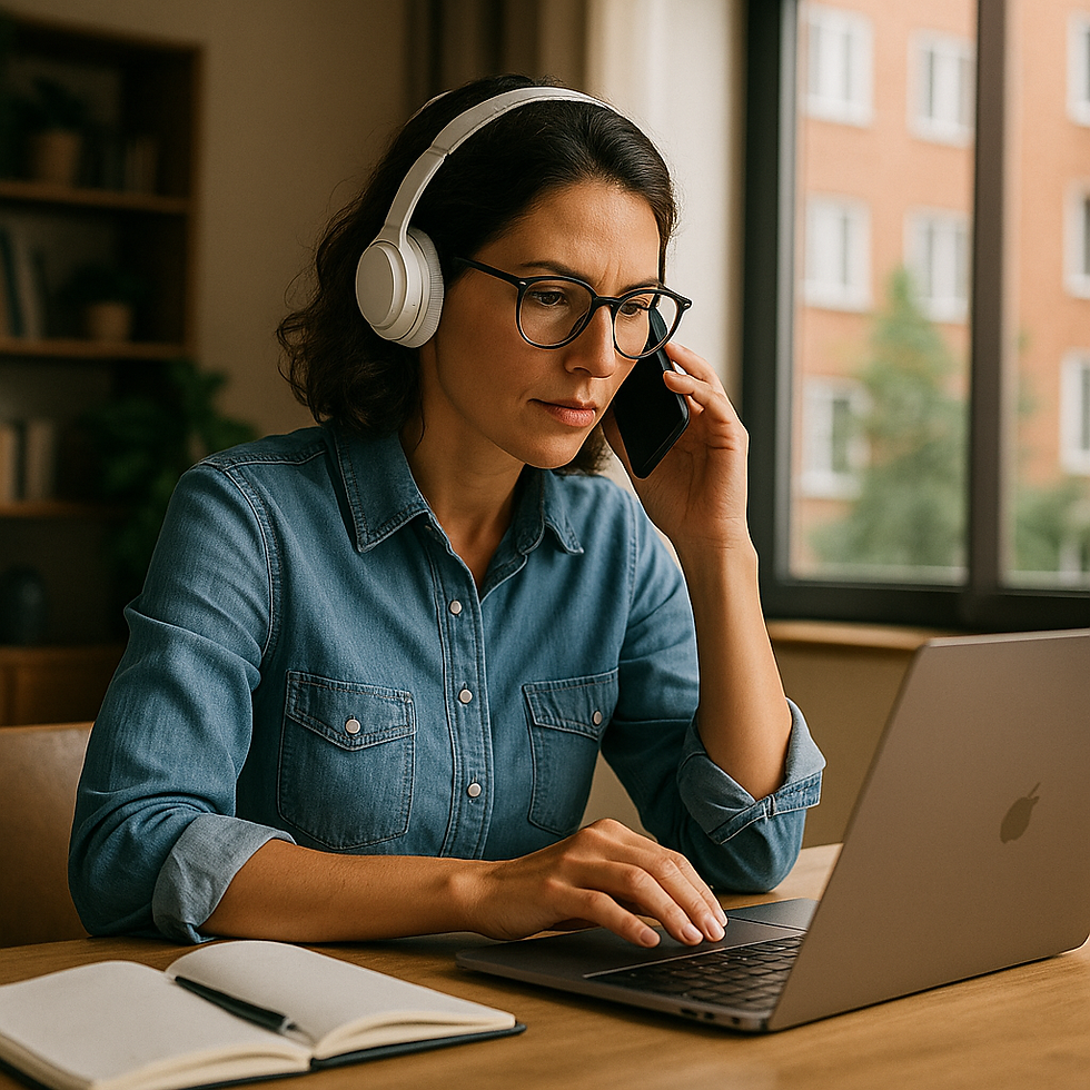 Professional woman working remotely from a modern home office, using a laptop, wireless headphones, and smartphone to stay connected. Remote work solutions enabling productivity, collaboration, and flexibility for businesses.