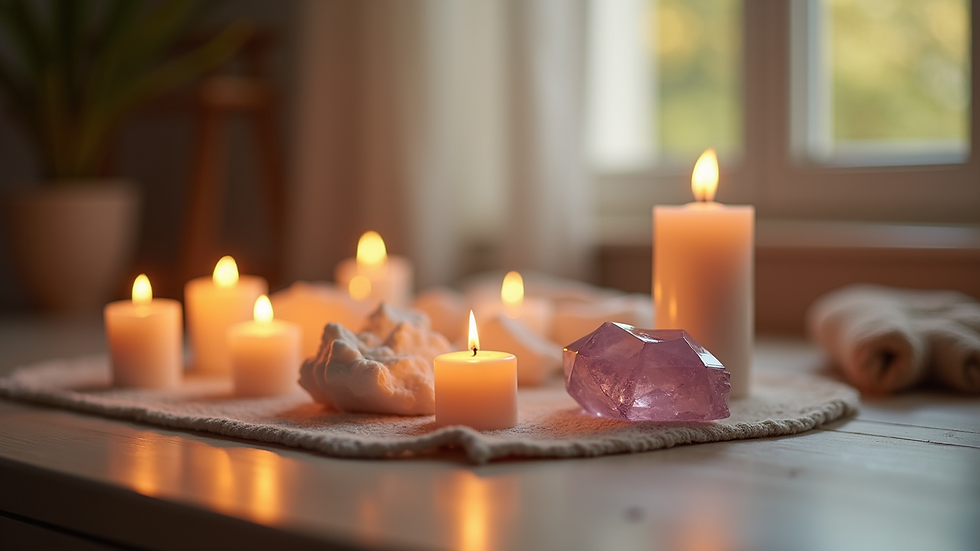 Close-up view of a serene meditation space with candles and crystals