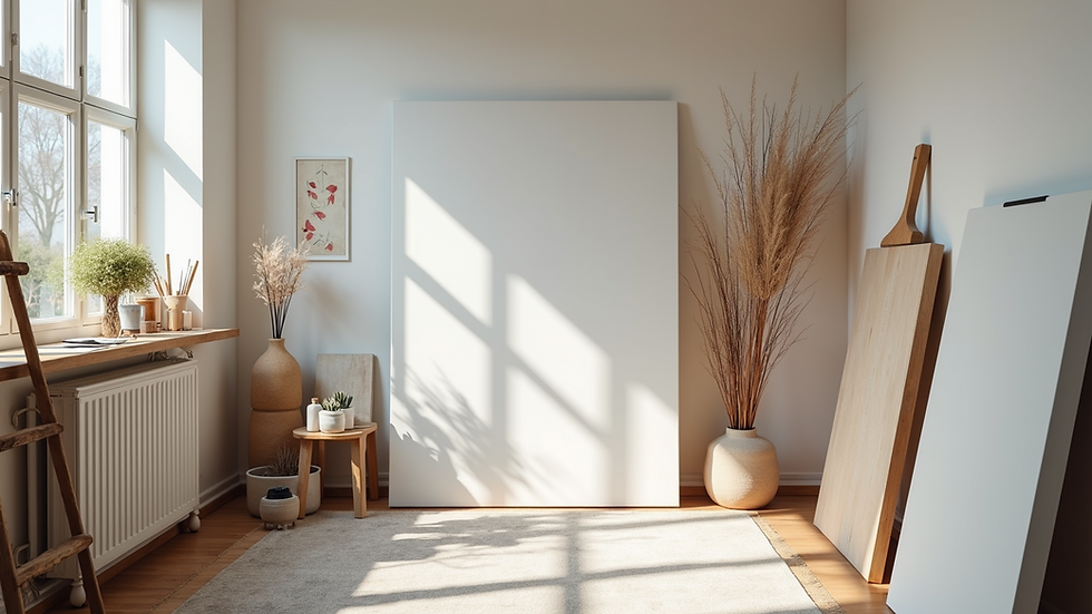 High angle view of a minimalist artist’s studio with canvases and paint supplies