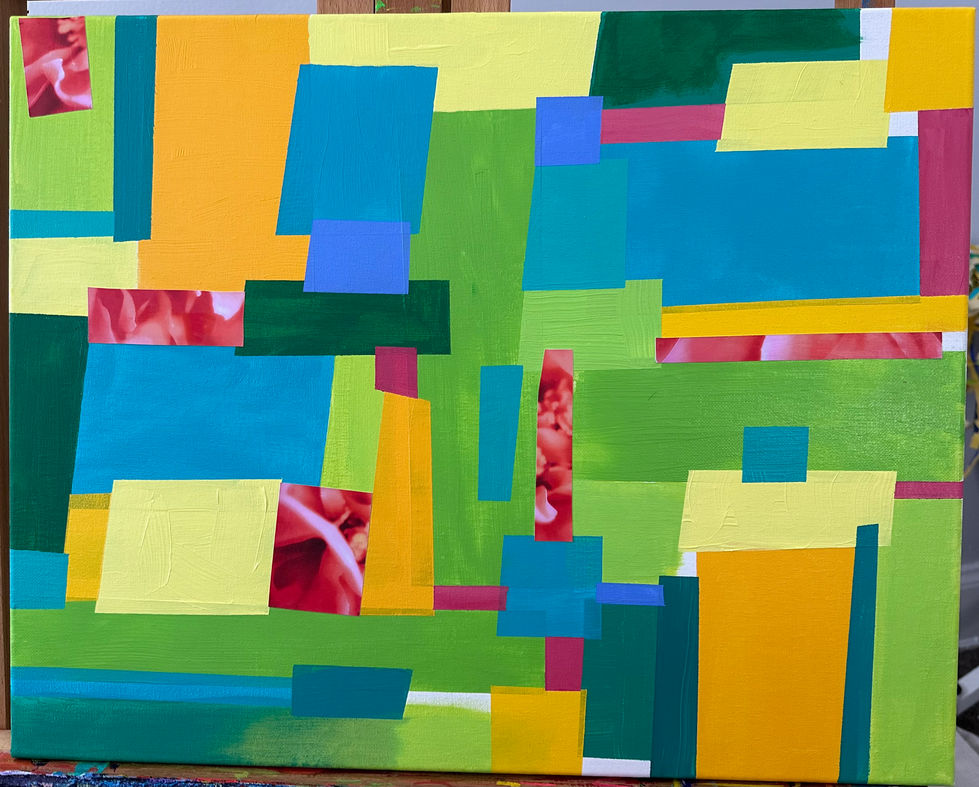 Abstract geometric collage of Spring in green and yellow and pink macro flowers, acrylic on canvas wall art