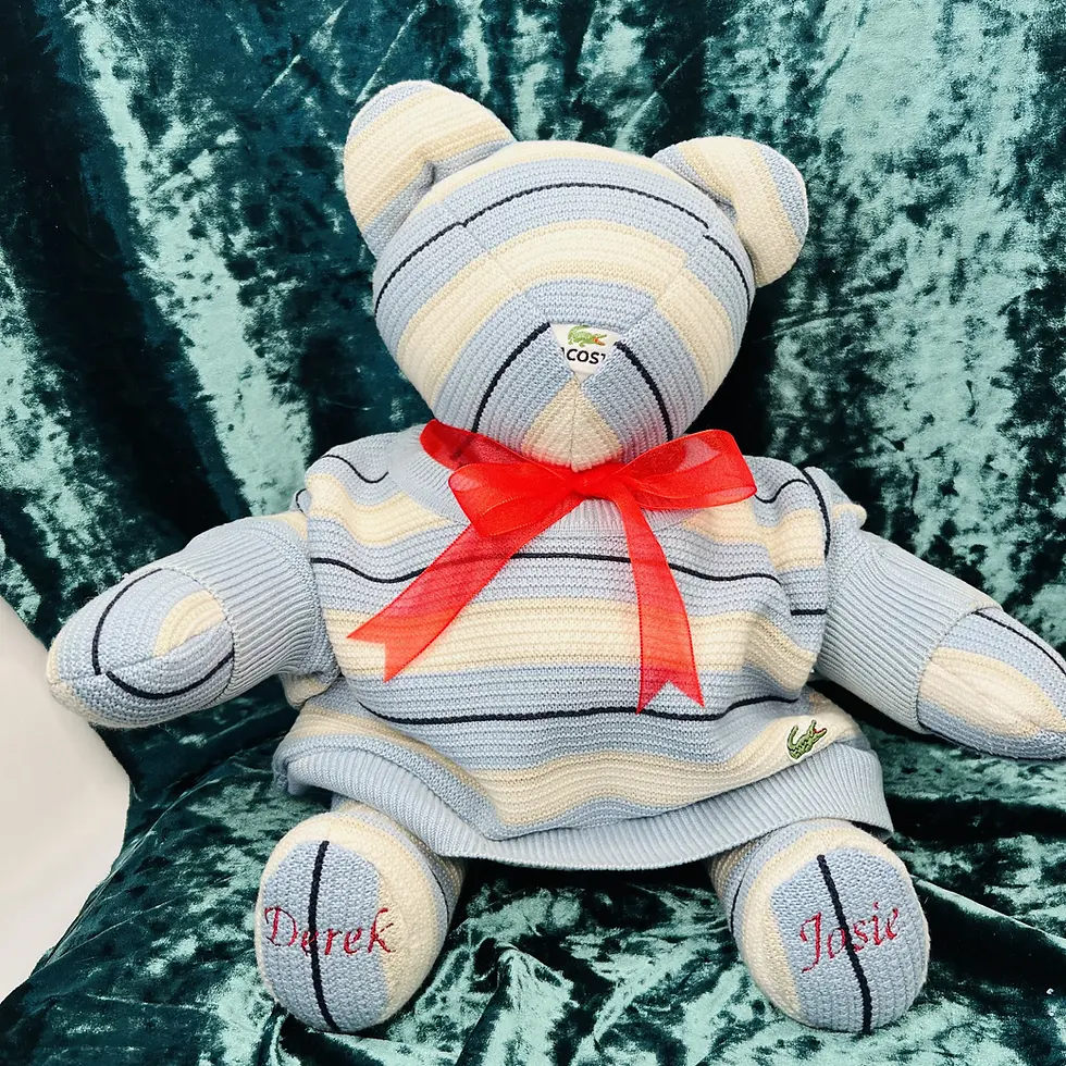 Thumbnail: Memory bear by BinaBears made from keepsake clothing from a honeymoon.