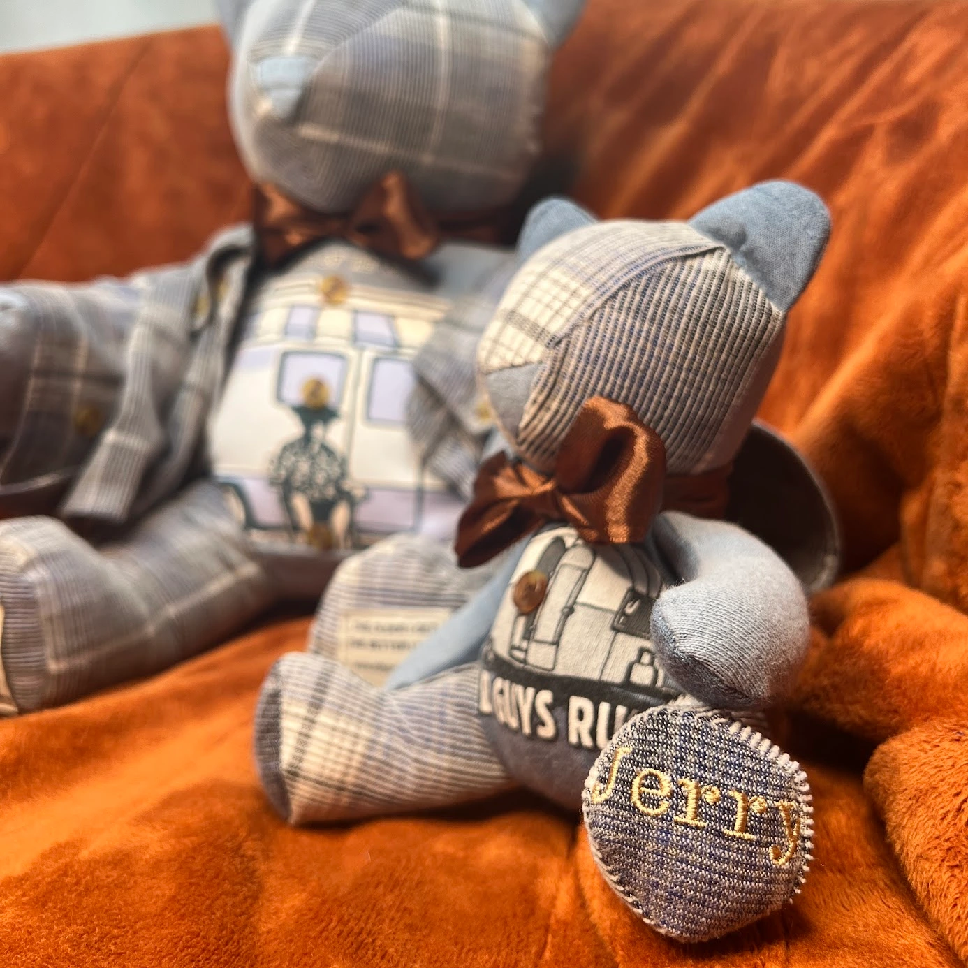 Two Custom memory bears by BinaBears made from a fathers t-shits and button up shirts.