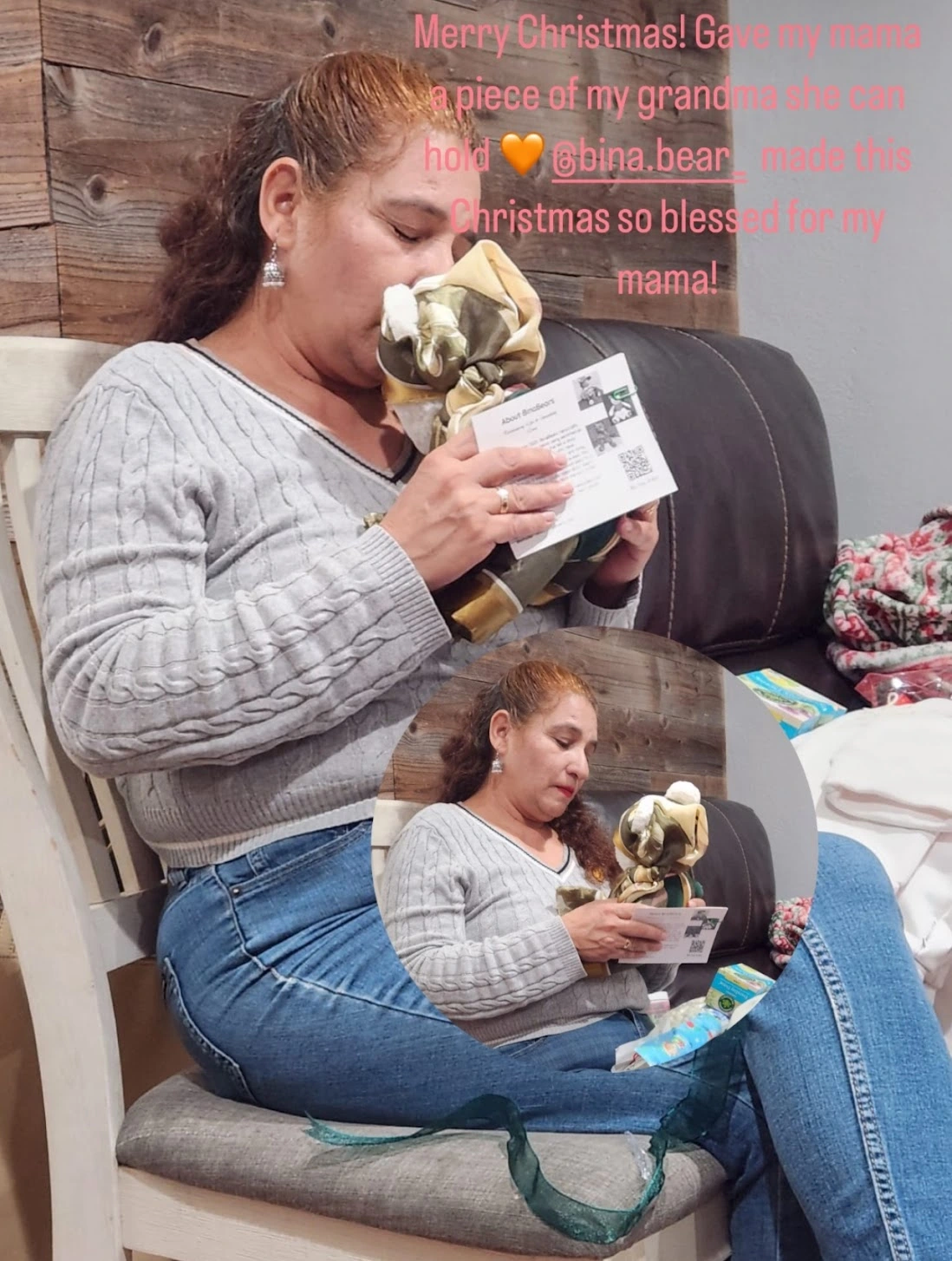 A Mother holding onto her custom memory b ear by BinaBears, remembering and celebrating her own mother who passed away.