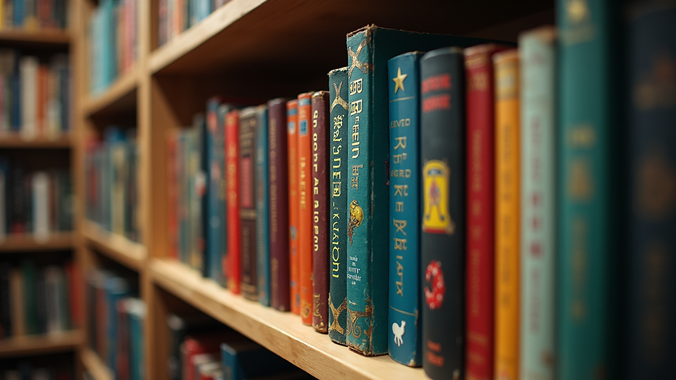 Eye-level view of a bookshelf filled with colorful children's horror books