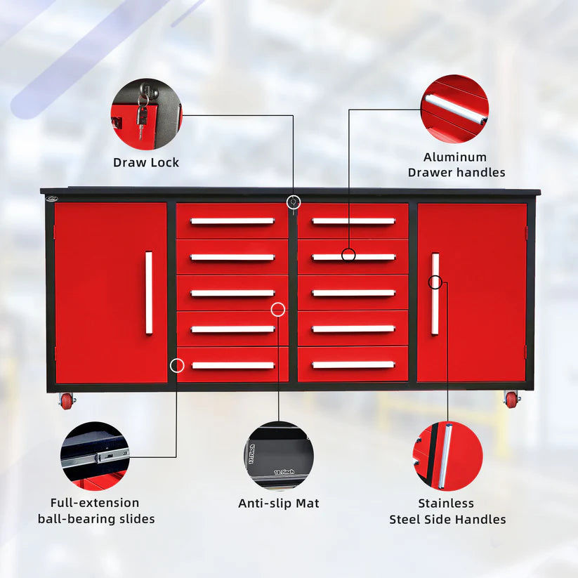 Thumbnail: Chery Industrial Heavy Duty 7ft Mobile Storage Workbench, 10 Drawers, Steel Top
