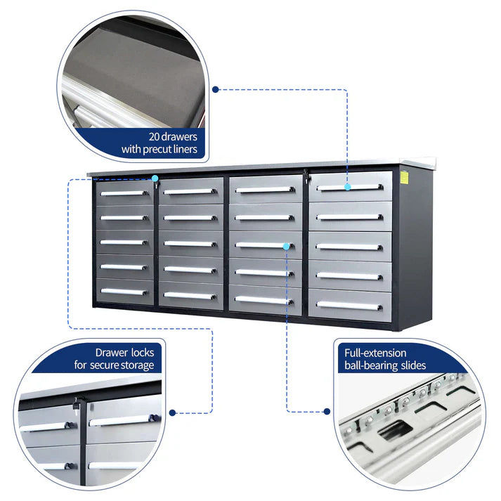 Thumbnail: Chery Industrial Heavy Duty 7ft Workbench Cabinet, 20 Drawers, Stainless Steel T