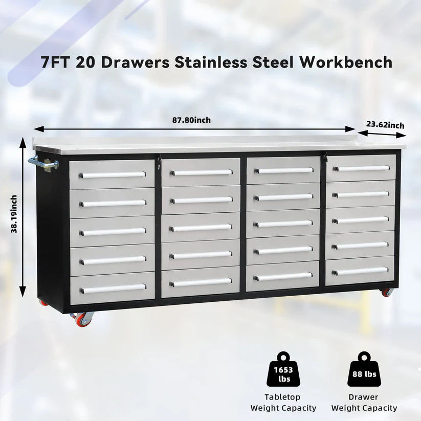 Thumbnail: Chery Industrial 7ft Mobile Tool Storage Workbench, 20 Drawers, Galvanized Steel