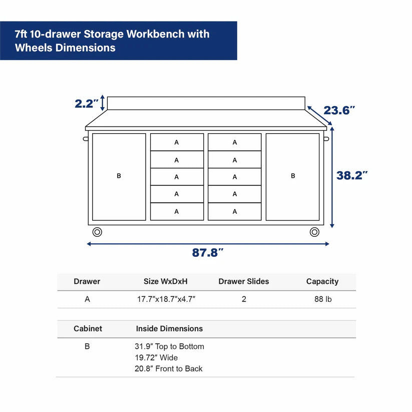 Thumbnail: Chery Industrial Heavy Duty 7ft Mobile Storage Workbench, 10 Drawers, Steel Top