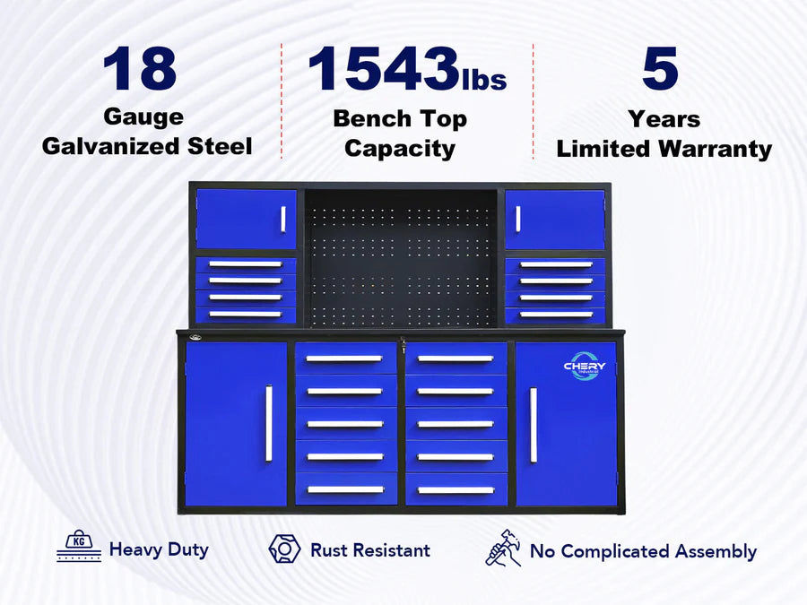 Thumbnail: Chery Industrial 7ft Garage Workbench Cabinet with Pegboard, 18 Drawers, 4 Cabin