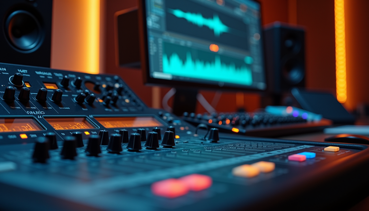 Eye-level view of a mixing console with audio waveforms on a computer screen