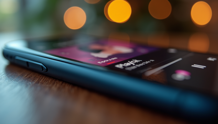 Eye-level view of a smartphone showing a music playlist with low engagement