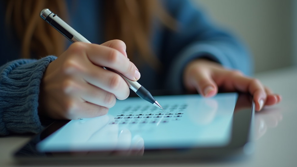 Close-up view of a student solving a scientific aptitude test on a tablet