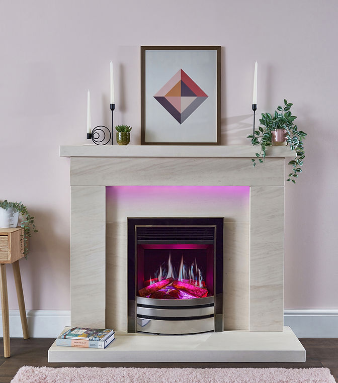 Opulus 16 with Nickel Chrome Prestige Fascia in Beckford Limestone Surround Pink Flame