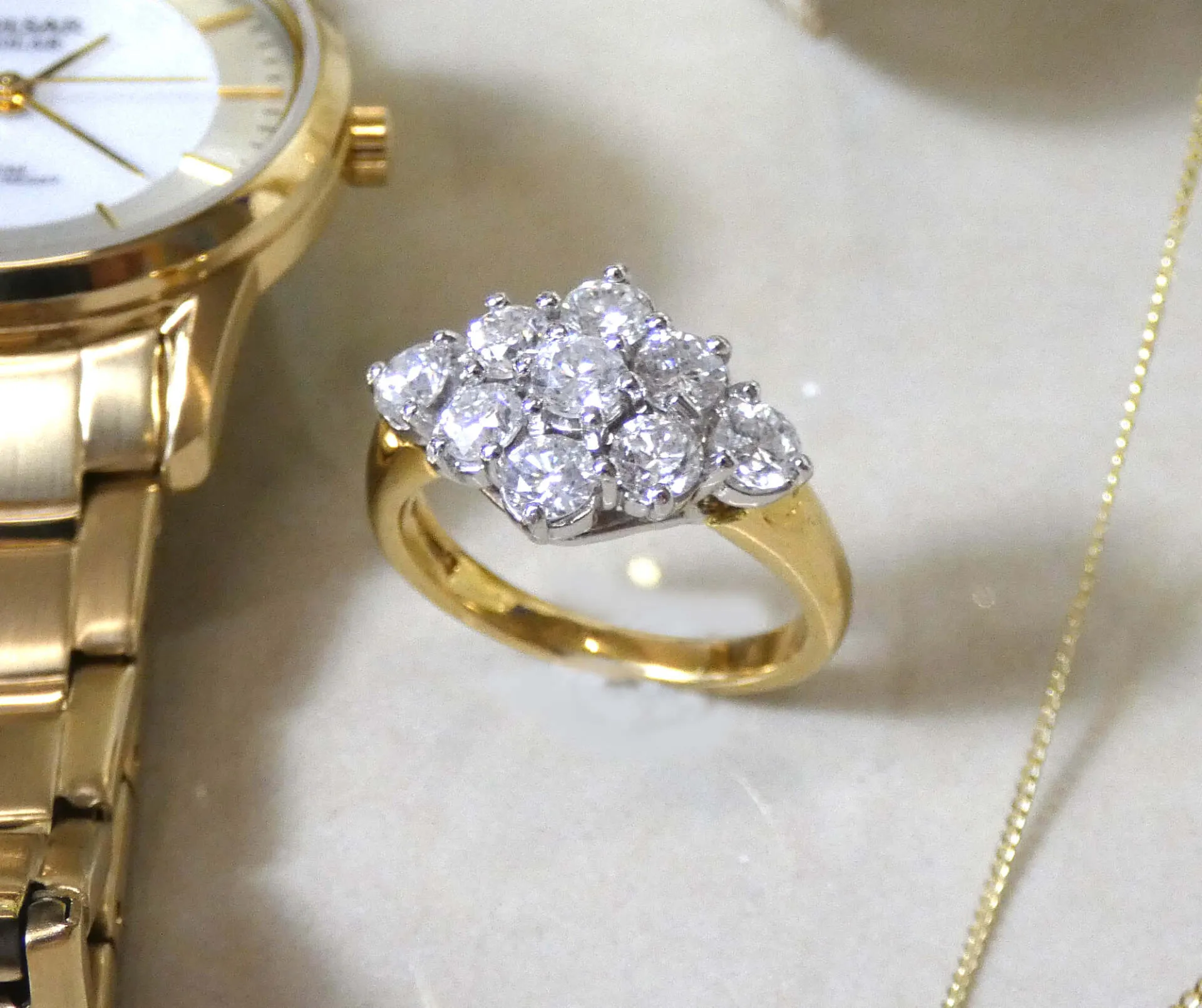 18ct Yellow Gold Nine Stone Boat Shape Cluster Diamond Ring