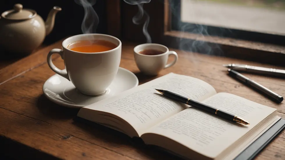Close-up of a journal next to a steaming mug of tea