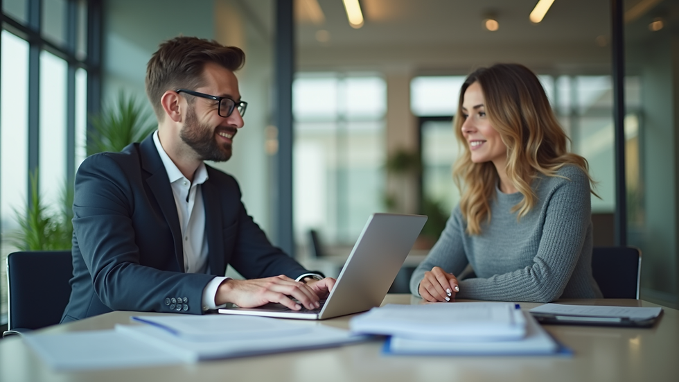 Eye-level view of a real estate agent working on a laptop in a modern office