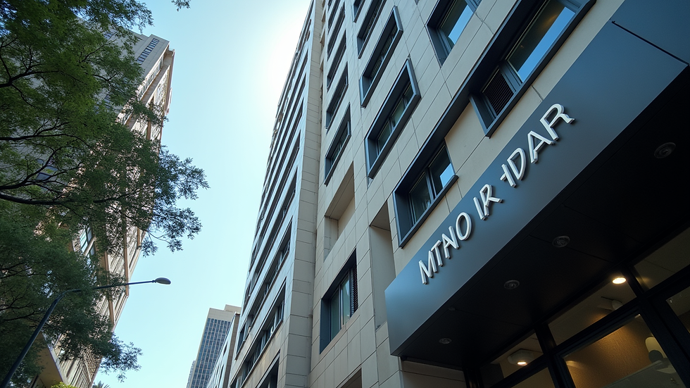 Eye-level view of a modern Sydney office building with real estate signage