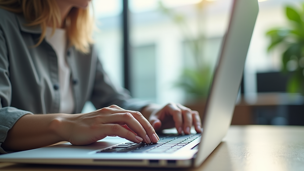 Close-up view of a Sydney real estate agent working on a laptop in a bright office